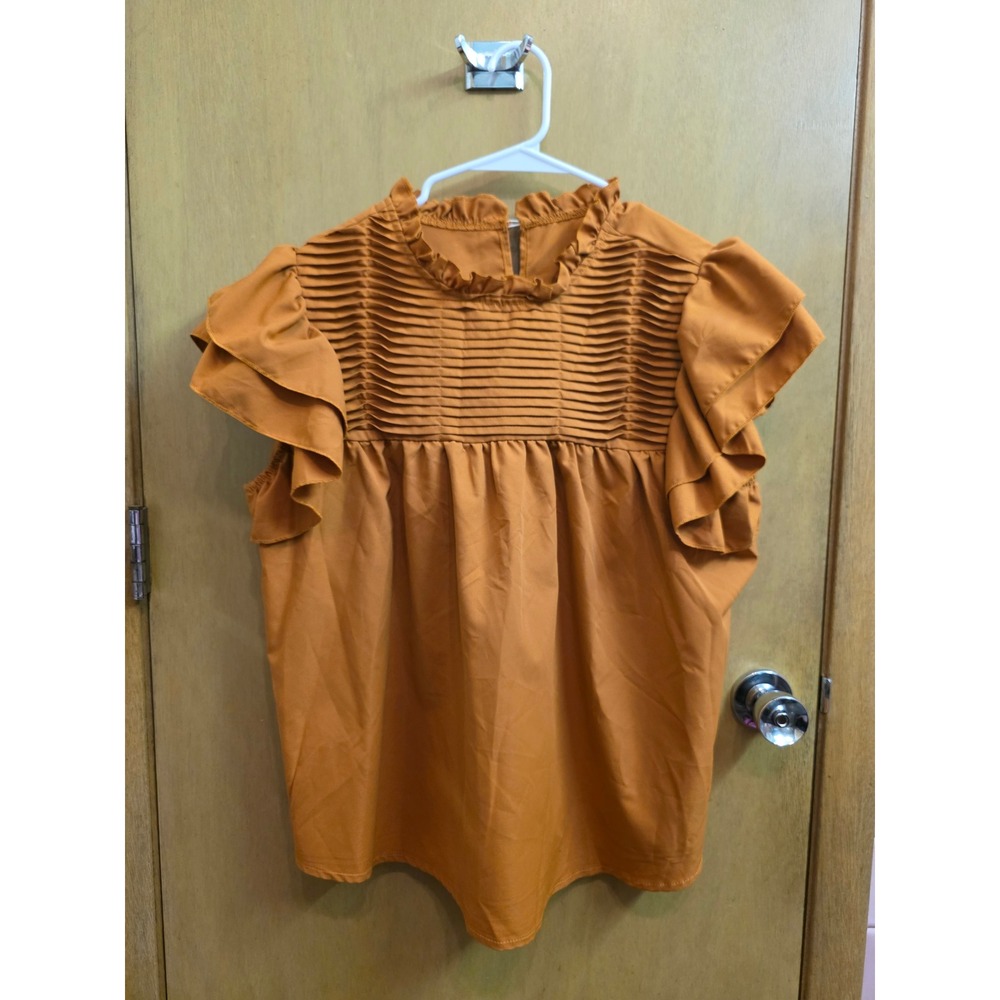 SHEIN Curve Burnt Orange Pleated Pintuck Ruffle Neck Flutter Sleeve Blouse 0XL